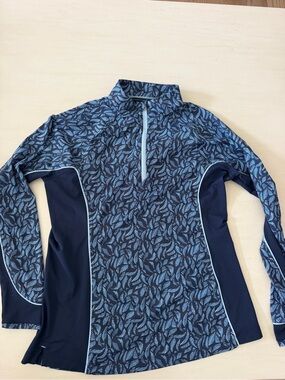 Peter Millar Navy and Light Blue Leaf-Print Quarter Zip Pullover